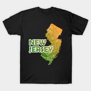 Colorful mandala art map of New Jersey with text in green and orange T-Shirt